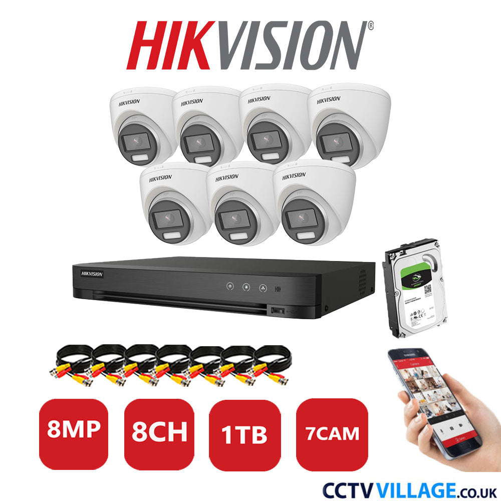 Hikvision 8MP CCTV System 8 Channel DVR-iDS-7208HUHI-M1/S with 7x Turret Cameras DS-2CE72UF3T-E White 1TB HDD Full Kit