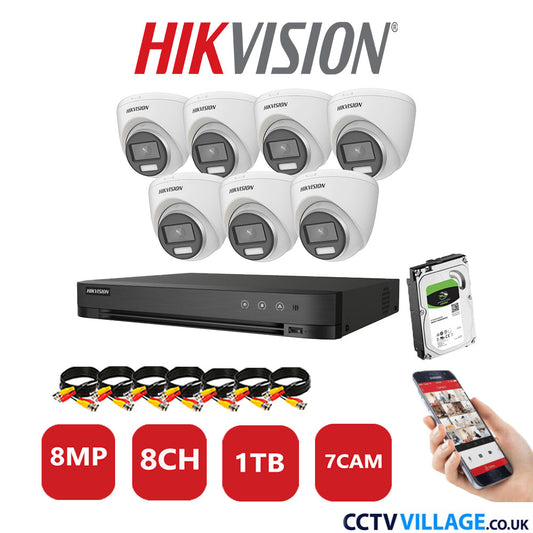 Hikvision 8MP CCTV Kit 8 Channel DVR-iDS-7208HUHI-M1/S with 7x Turret Cameras DS-2CE72UF3T-E White 1TB HDD Full Kit