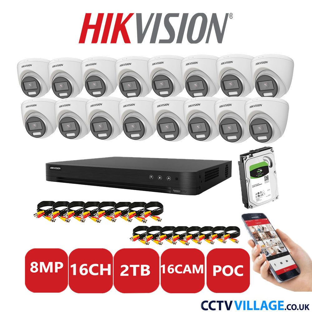 Hikvision 8MP CCTV Kit 16 Channel DVR-iDS-7216HUHI-M2/S with 16x Turret Cameras DS-2CE72UF3T-E White 2TB HDD Full Kit