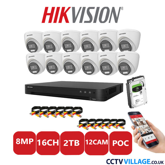 Hikvision 8MP CCTV Kit 16 Channel DVR-iDS-7216HUHI-M2/S with 12x Turret Cameras DS-2CE72UF3T-E White 2TB HDD Full Kit