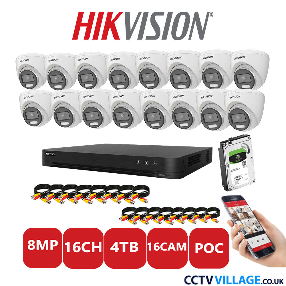 Hikvision 8MP CCTV Kit 16 Channel DVR-iDS-7216HUHI-M2/S with 16x Turret Cameras DS-2CE72UF3T-E White 4TB HDD Full Kit