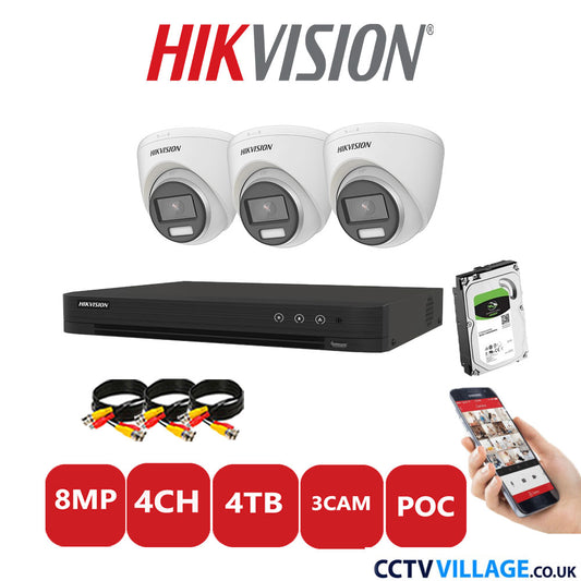 Hikvision 8MP CCTV Kit 4 Channel DVR-iDS-7204HUHI-M1/S with 3x Turret Cameras DS-2CE72UF3T-E White 4TB HDD Full Kit