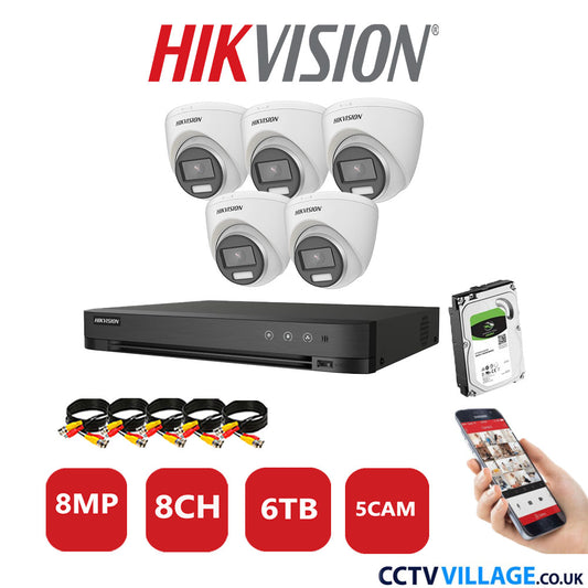 Hikvision 8MP CCTV Kit 8 Channel DVR-iDS-7208HUHI-M1/S with 5x Turret Cameras DS-2CE72UF3T-E White 6TB HDD Full Kit