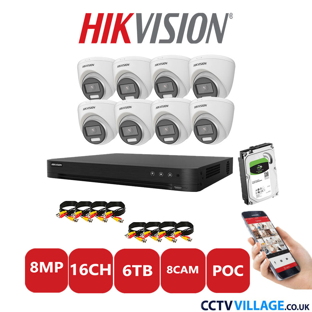 Hikvision 8MP CCTV Kit 16 Channel DVR-iDS-7216HUHI-M2/S with 8x Turret Cameras DS-2CE72UF3T-E White 6TB HDD Full Kit