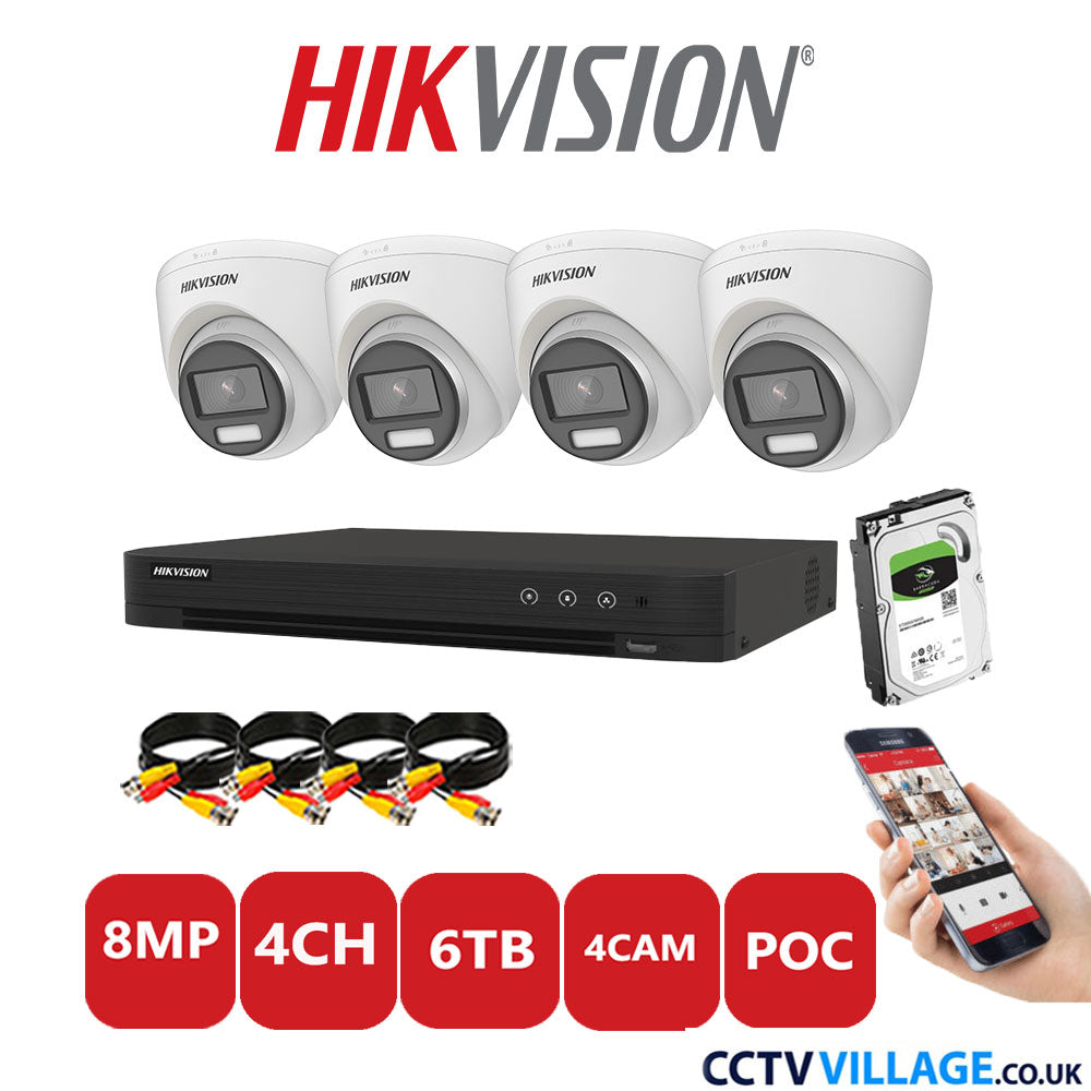 Hikvision 8MP CCTV Kit 4 Channel DVR-iDS-7204HUHI-M1/S with 4x Turret Cameras DS-2CE72UF3T-E White 6TB HDD Full Kit