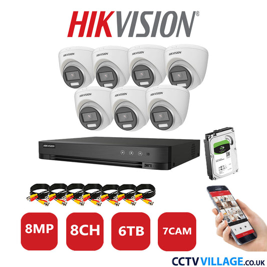 Hikvision 8MP CCTV Kit 8 Channel DVR-iDS-7208HUHI-M1/S with 7x Turret Cameras DS-2CE72UF3T-E White 6TB HDD Full Kit