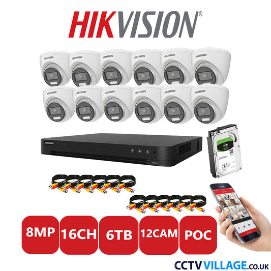 Hikvision 8MP CCTV Kit 16 Channel DVR-iDS-7216HUHI-M2/S with 12x Turret Cameras DS-2CE72UF3T-E White 6TB HDD Full Kit