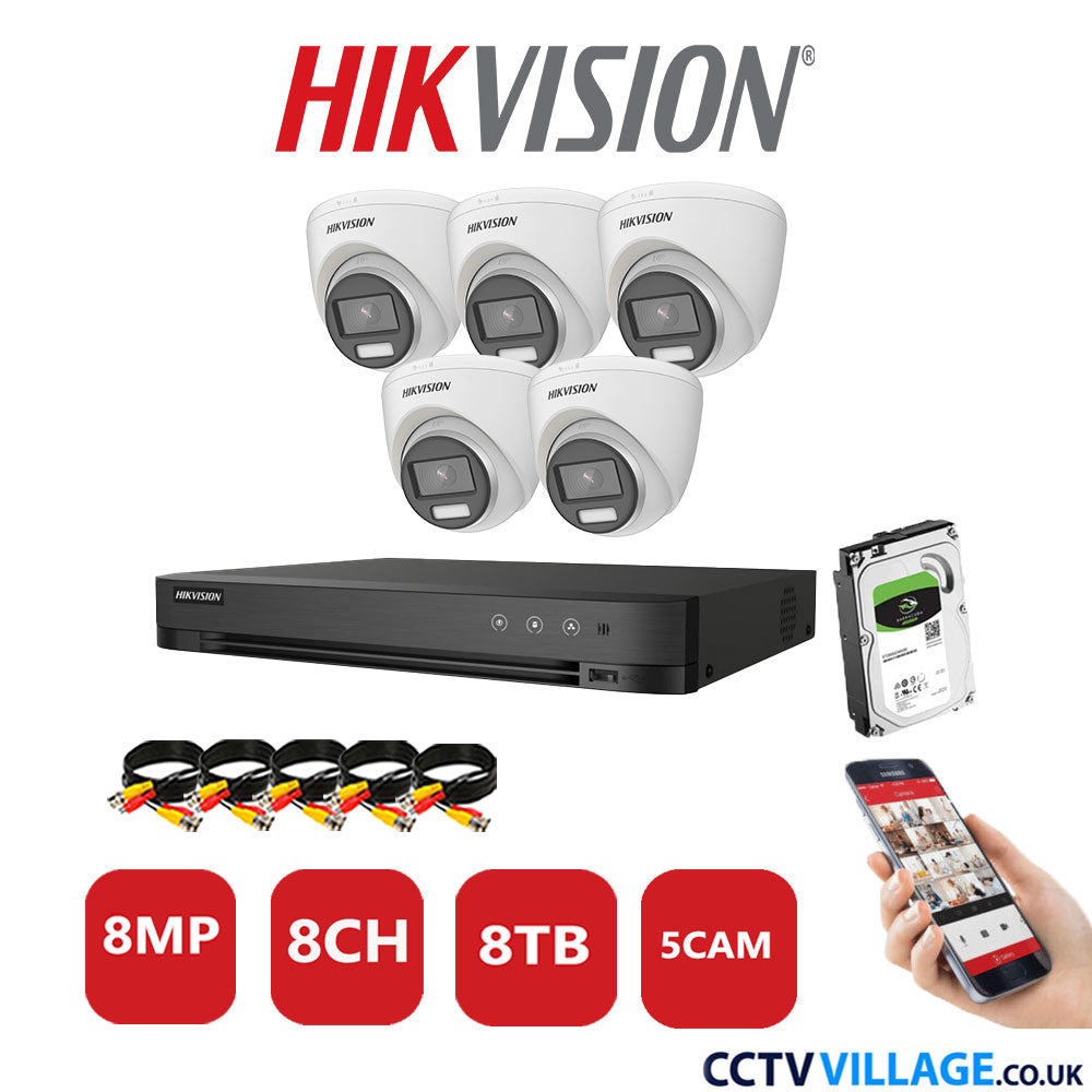 Hikvision 8MP CCTV Kit 8 Channel DVR-iDS-7208HUHI-M1/S with 5x Turret Cameras DS-2CE72UF3T-E White 8TB HDD Full Kit