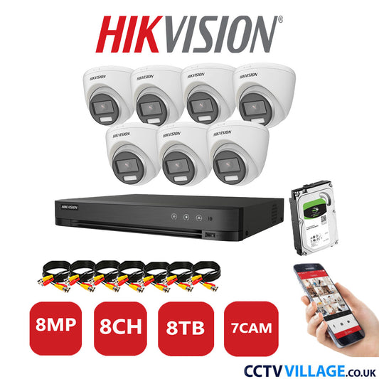 Hikvision 8MP CCTV Kit 8 Channel DVR-iDS-7208HUHI-M1/S with 7x Turret Cameras DS-2CE72UF3T-E White 8TB HDD Full Kit