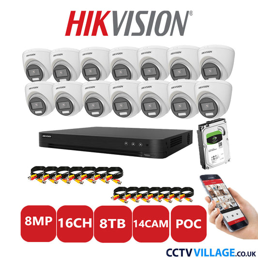 Hikvision 8MP CCTV Kit 16 Channel DVR-iDS-7216HUHI-M2/S with 14x Turret Cameras DS-2CE72UF3T-E White 8TB HDD Full Kit