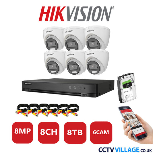 Hikvision 8MP CCTV Kit 8 Channel DVR-iDS-7208HUHI-M1/S with 6x Turret Cameras DS-2CE72UF3T-E White 8TB HDD Full Kit