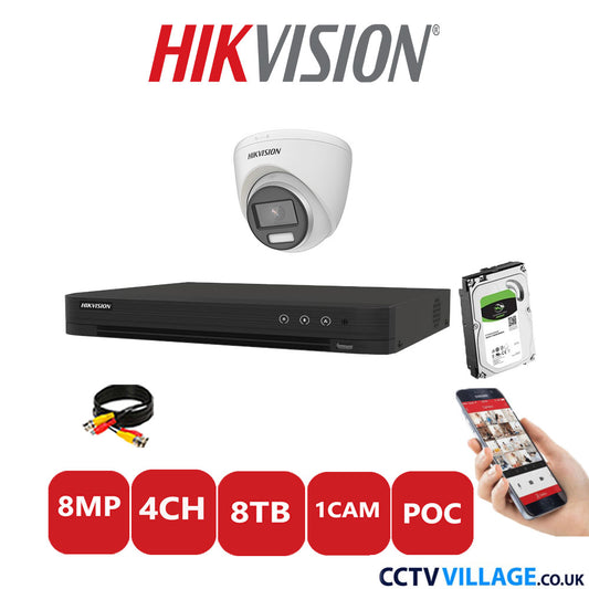 Hikvision 8MP CCTV Kit 4 Channel DVR-iDS-7204HUHI-M1/S with 1x Turret Camera DS-2CE72UF3T-E White 8TB HDD Full Kit