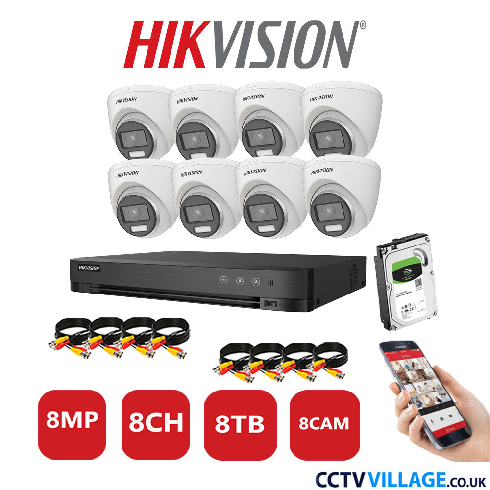 Hikvision 8MP CCTV System 8 Channel DVR-iDS-7208HUHI-M1/S with 8x Turret Cameras DS-2CE72UF3T-E White 8TB HDD Full Kit