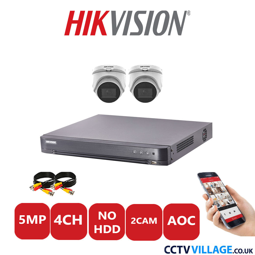 Hikvision 5MP CCTV Kit 4 Channel DVR-iDS-7204HQHI-K1/2S with 2x Turret Cameras DS-2CE76H0T-ITMFS White NO HDD Full Kit