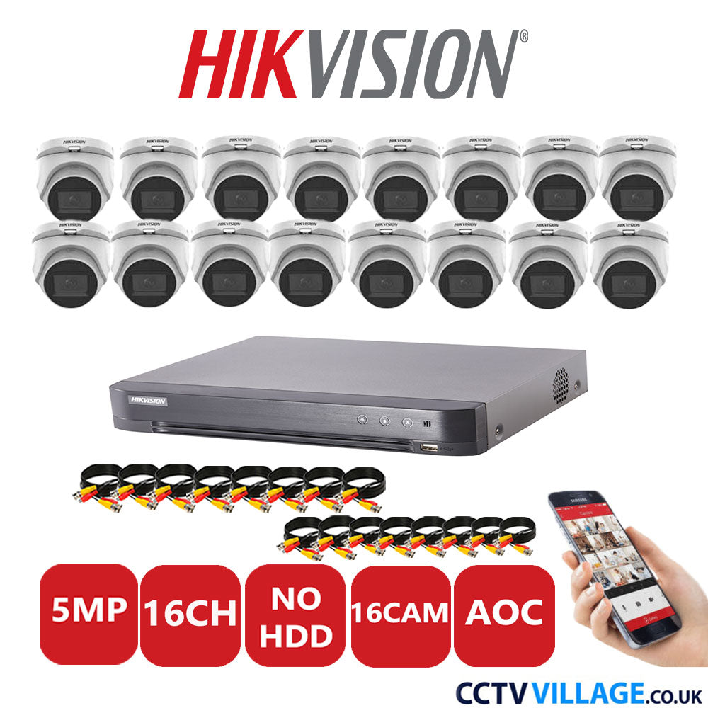 Hikvision 5MP CCTV Kit 16 Channel DVR-iDS-7216HQHI-K1/4S with 16 Turret Cameras DS-2CE76H0T-ITMS White No HDD Full Kit