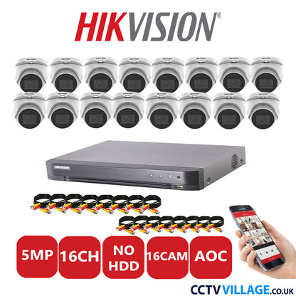 Hikvision 5MP CCTV System 16 Channel DVR-iDS-7216HQHI-K1/4S with 16x Turret Cameras DS-2CE76H0T-ITMS White No HDD Full Kit