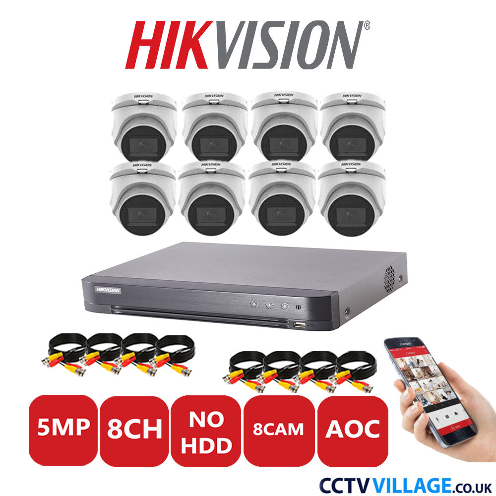 Hikvision 5MP CCTV Kit 8 Channel DVR-iDS-7208HQHI-K1/4S with 8x Turret Cameras DS-2CE76H0T-ITMFS White No HDD Full Kit