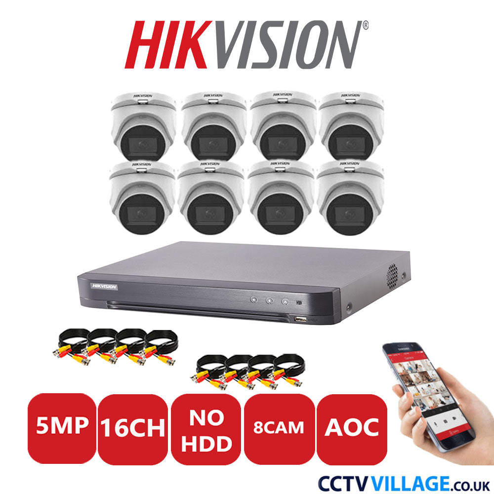 Hikvision 5MP CCTV Kit 16 Channel DVR-iDS-7216HQHI-K1/4S with 8 Turret Cameras DS-2CE76H0T-ITMS White No HDD Full Kit