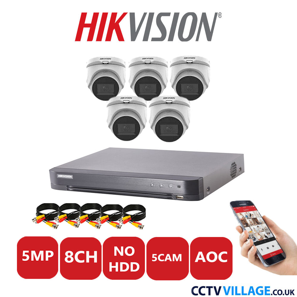 Hikvision 5MP CCTV Kit 8 Channel DVR-iDS-7208HQHI-K1/4S with 5x Turret Cameras DS-2CE76H0T-ITMFS White No HDD Full Kit