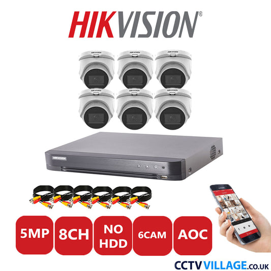 Hikvision 5MP CCTV Kit 8 Channel DVR-iDS-7208HQHI-K1/4S with 6x Turret Cameras DS-2CE76H0T-ITMFS White No HDD Full Kit