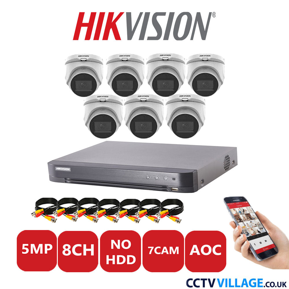 Hikvision 5MP CCTV Kit 8 Channel DVR-iDS-7208HQHI-K1/4S with 7x Turret Cameras DS-2CE76H0T-ITMFS White No HDD Full Kit