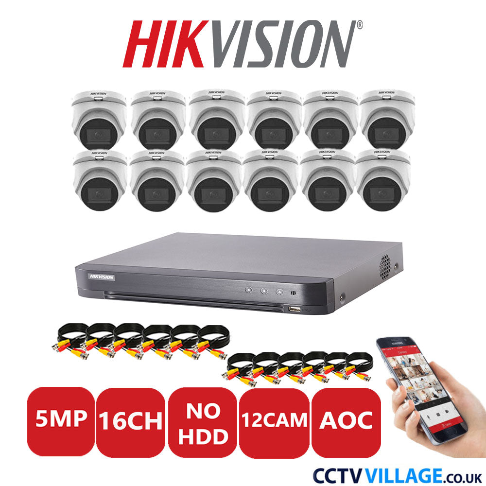 Hikvision 5MP CCTV Kit 16 Channel DVR-iDS-7216HQHI-K1/4S with 12 Turret Cameras DS-2CE76H0T-ITMS White No HDD Full Kit