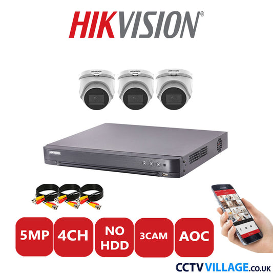 Hikvision 5MP CCTV Kit 4 Channel DVR-iDS-7204HQHI-K1/2S with 3x Turret Cameras DS-2CE76H0T-ITMFS White NO HDD Full Kit