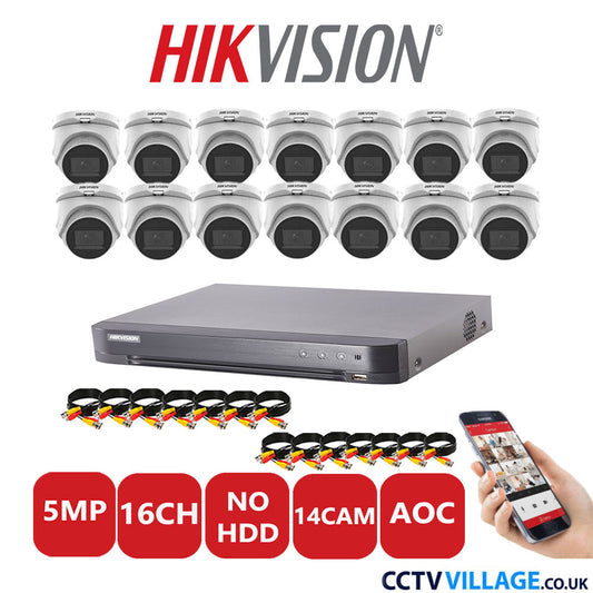 Hikvision 5MP CCTV Kit 16 Channel DVR-iDS-7216HQHI-K1/4S with 14 Turret Cameras DS-2CE76H0T-ITMS White No HDD Full Kit