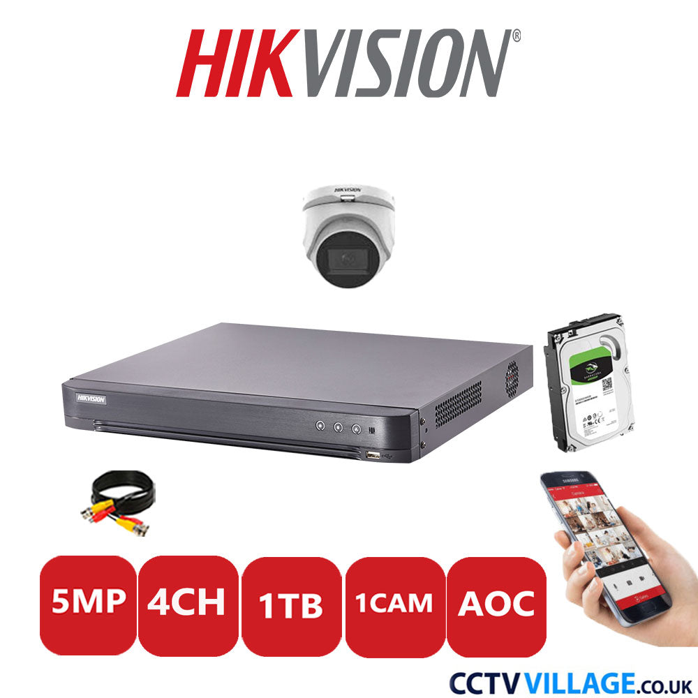 Hikvision 5MP CCTV Kit 4 Channel DVR-iDS-7204HQHI-K1/2S with 1x Turret Camera DS-2CE76H0T-ITMFS White 1TB HDD Full Kit