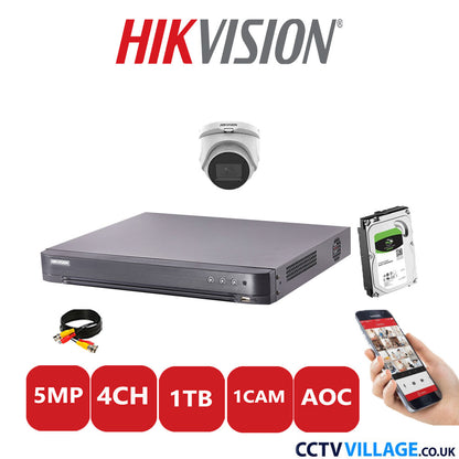 Hikvision 5MP CCTV System 4 Channel DVR-iDS-7204HQHI-K1/2S with 1x Turret Camera DS-2CE76H0T-ITMFS White 1TB HDD Full Kit