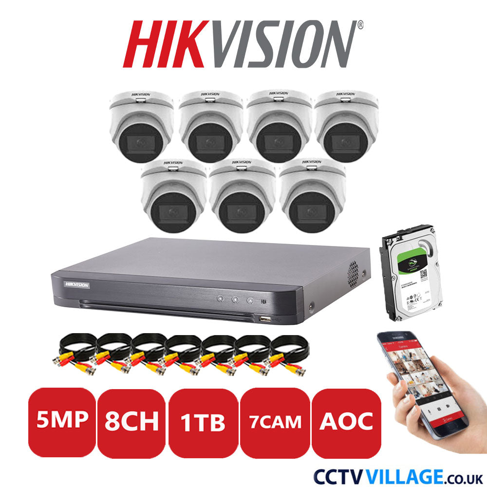 Hikvision 5MP CCTV Kit 8 Channel DVR-iDS-7208HQHI-K1/4S with 7x Turret Cameras DS-2CE76H0T-ITMFS White 1TB HDD Full Kit