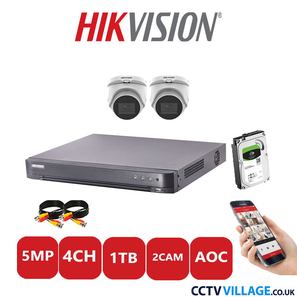 Hikvision 5MP CCTV Kit 4 Channel DVR-iDS-7204HQHI-K1/2S with 2x Turret Cameras DS-2CE76H0T-ITMFS White 1TB HDD Full Kit