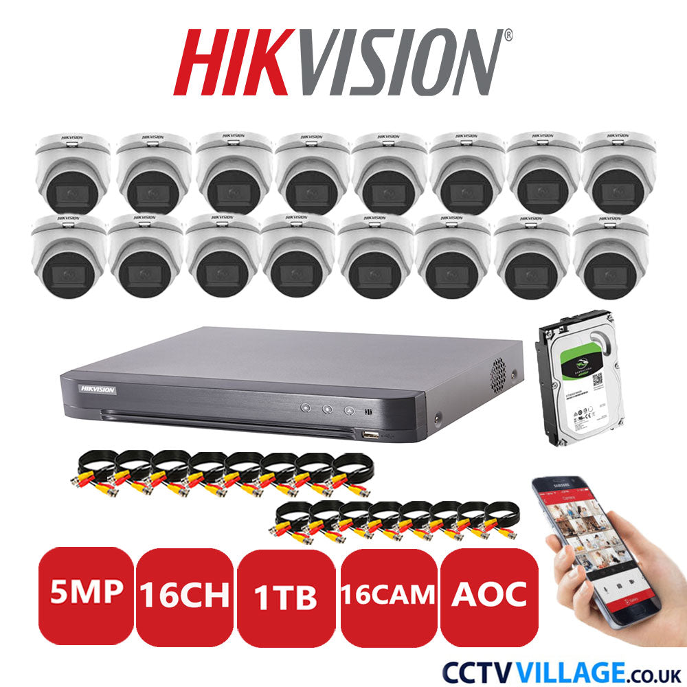 Hikvision 5MP CCTV Kit 16 Channel DVR-iDS-7216HQHI-K1/4S with 16 Turret Cameras DS-2CE76H0T-ITMS White 1TB HDD Full Kit