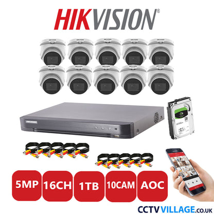 Hikvision 5MP CCTV System 16 Channel DVR-iDS-7216HQHI-K1/4S with 10x Turret Cameras DS-2CE76H0T-ITMS White 1TB HDD Full Kit