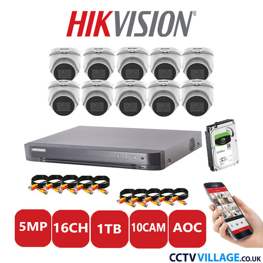 Hikvision 5MP CCTV Kit 16 Channel DVR-iDS-7216HQHI-K1/4S with 10 Turret Cameras DS-2CE76H0T-ITMS White 1TB HDD Full Kit