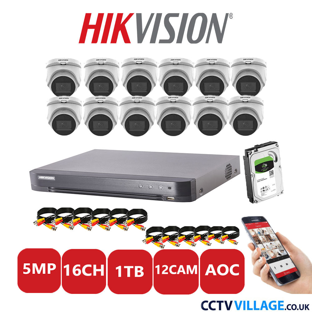 Hikvision 5MP CCTV Kit 16 Channel DVR-iDS-7216HQHI-K1/4S with 12 Turret Cameras DS-2CE76H0T-ITMS White 1TB HDD Full Kit