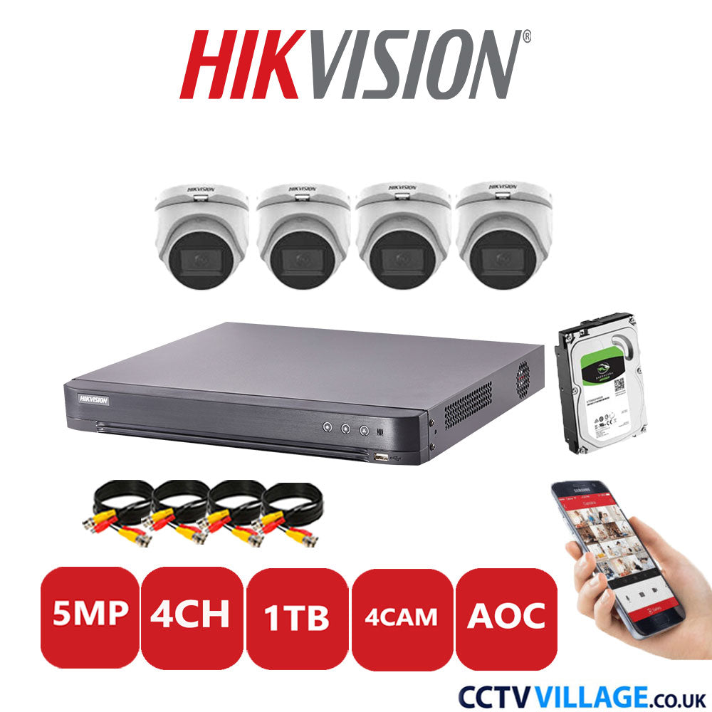 Hikvision 5MP CCTV Kit 4 Channel DVR-iDS-7204HQHI-K1/2S with 4x Turret Cameras DS-2CE76H0T-ITMFS White 1TB HDD Full Kit