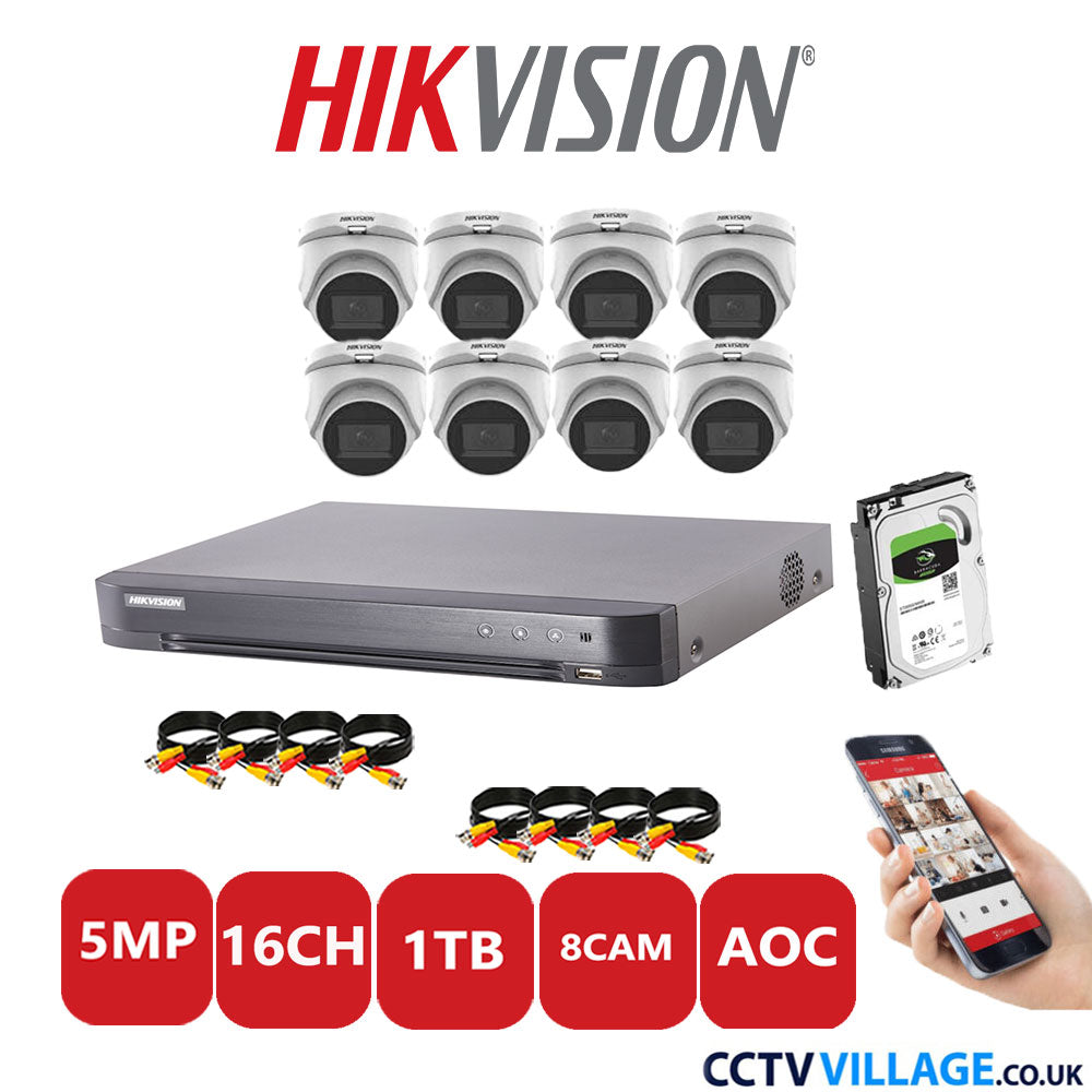 Hikvision 5MP CCTV Kit 16 Channel DVR-iDS-7216HQHI-K1/4S with 8 Turret Cameras DS-2CE76H0T-ITMS White 1TB HDD Full Kit