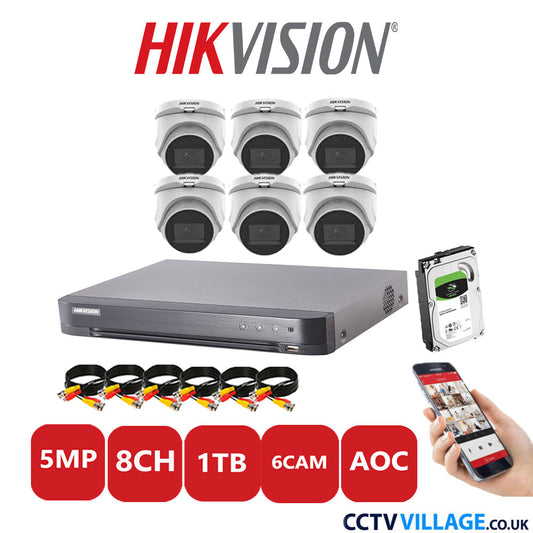 Hikvision 5MP CCTV Kit 8 Channel DVR-iDS-7208HQHI-K1/4S with 6x Turret Cameras DS-2CE76H0T-ITMFS White 1TB HDD Full Kit