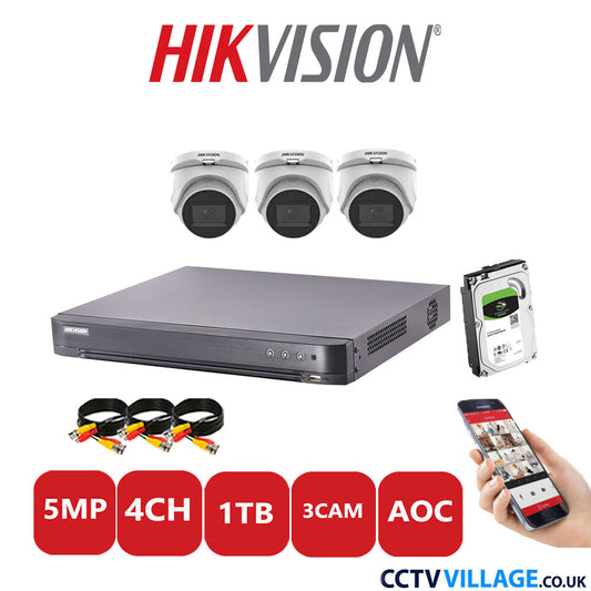 Hikvision 5MP CCTV Kit 4 Channel DVR-iDS-7204HQHI-K1/2S with 3x Turret Cameras DS-2CE76H0T-ITMFS White 1TB HDD Full Kit