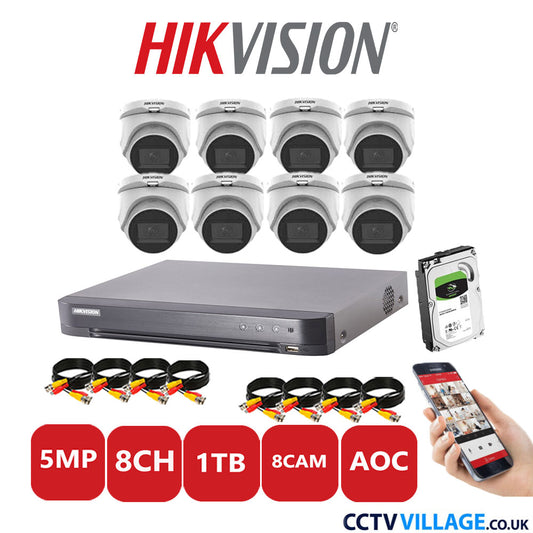 Hikvision 5MP CCTV Kit 8 Channel DVR-iDS-7208HQHI-K1/4S with 8x Turret Cameras DS-2CE76H0T-ITMFS White 1TB HDD Full Kit