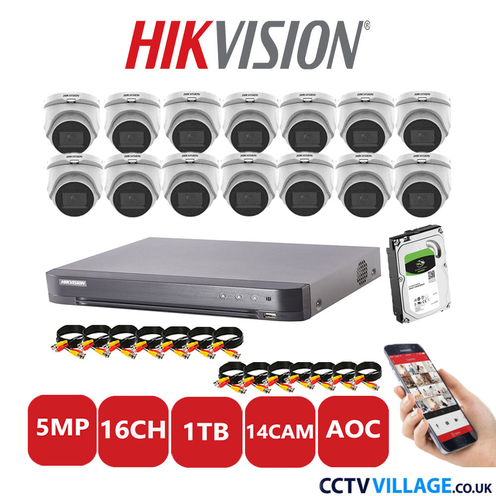 Hikvision 5MP CCTV Kit 16 Channel DVR-iDS-7216HQHI-K1/4S with 14 Turret Cameras DS-2CE76H0T-ITMS White 1TB HDD Full Kit