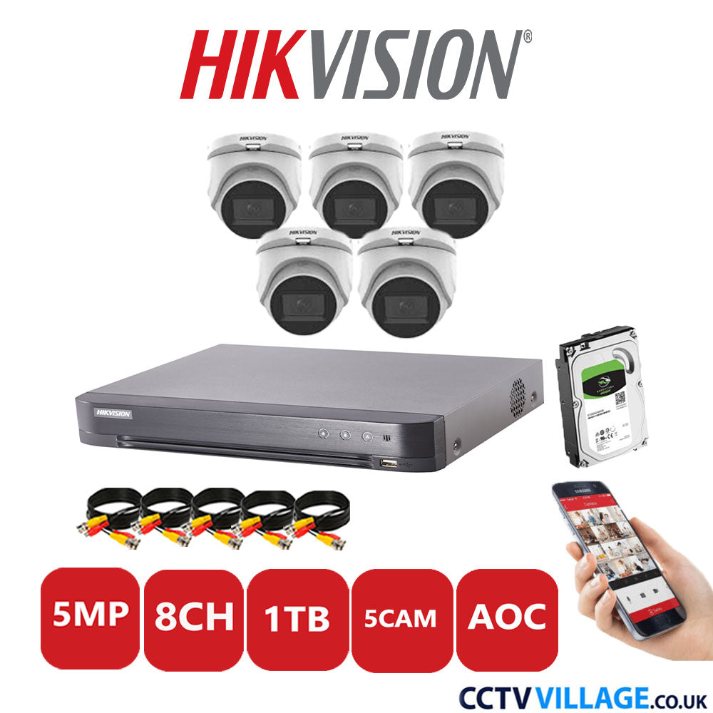 Hikvision 5MP CCTV Kit 8 Channel DVR-iDS-7208HQHI-K1/4S with 5x Turret Cameras DS-2CE76H0T-ITMFS White 1TB HDD Full Kit