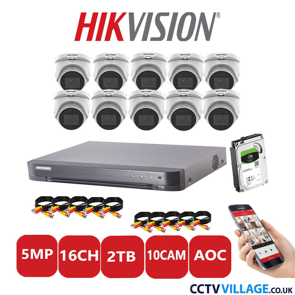 Hikvision 5MP CCTV Kit 16 Channel DVR-iDS-7216HQHI-K1/4S with 10 Turret Cameras DS-2CE76H0T-ITMS White 2TB HDD Full Kit