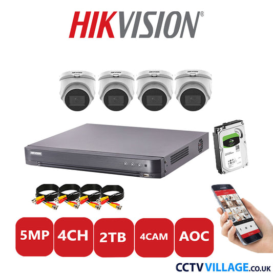 Hikvision 5MP CCTV Kit 4 Channel DVR-iDS-7204HQHI-K1/2S with 4x Turret Cameras DS-2CE76H0T-ITMFS White 2TB HDD Full Kit