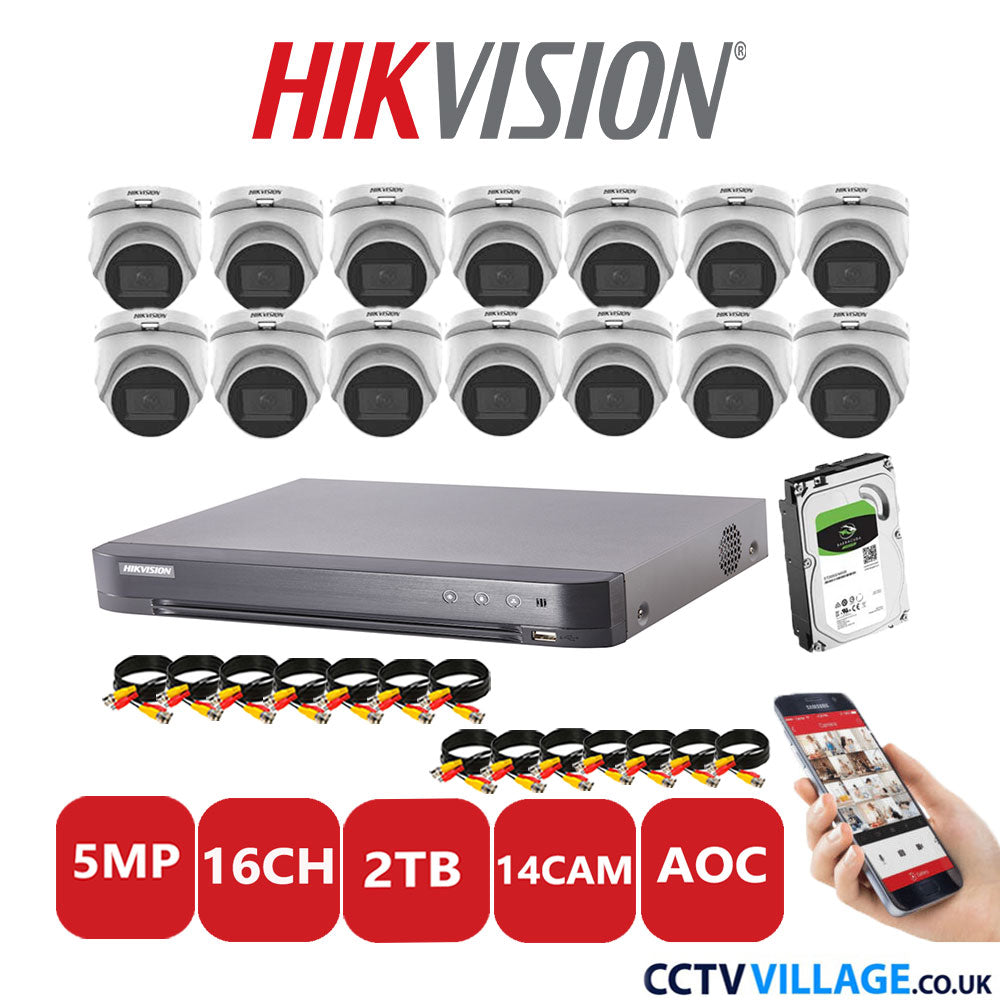 Hikvision 5MP CCTV Kit 16 Channel DVR-iDS-7216HQHI-K1/4S with 14 Turret Cameras DS-2CE76H0T-ITMS White 2TB HDD Full Kit