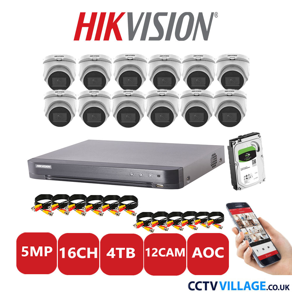 Hikvision 5MP CCTV Kit 16 Channel DVR-iDS-7216HQHI-K1/4S with 12 Turret Cameras DS-2CE76H0T-ITMS White 4TB HDD Full Kit