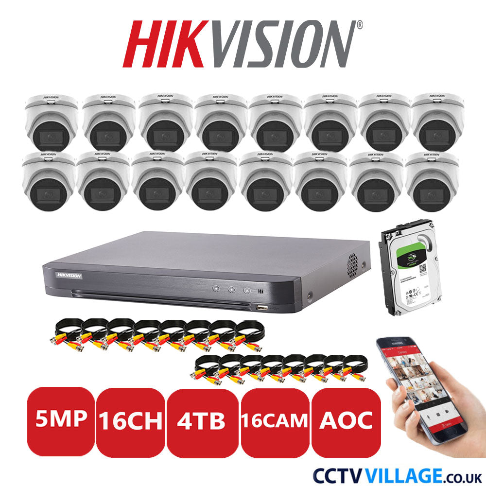 Hikvision 5MP CCTV Kit 16 Channel DVR-iDS-7216HQHI-K1/4S with 16 Turret Cameras DS-2CE76H0T-ITMS White 4TB HDD Full Kit