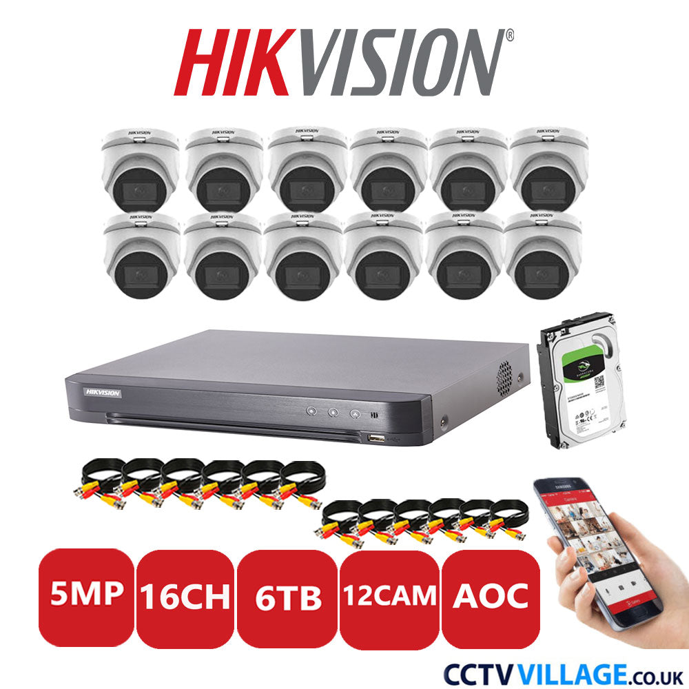 Hikvision 5MP CCTV Kit 16 Channel DVR-iDS-7216HQHI-K1/4S with 12 Turret Cameras DS-2CE76H0T-ITMS White 6TB HDD Full Kit