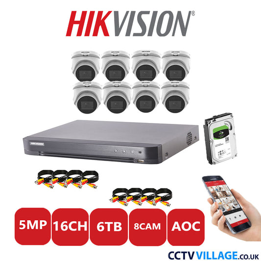 Hikvision 5MP CCTV Kit 16 Channel DVR-iDS-7216HQHI-K1/4S with 8 Turret Cameras DS-2CE76H0T-ITMS White 6TB HDD Full Kit